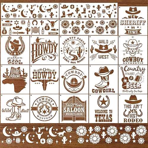 AFRITEE Western Cowboy Stencils for Painting - 20 Pieces Small Landscape Longhorn Skull Reusable Stencils for Painting on Wood, Country Music Beer Drawing Template DIY Home Wood Fence Rock Decoration - Image 1