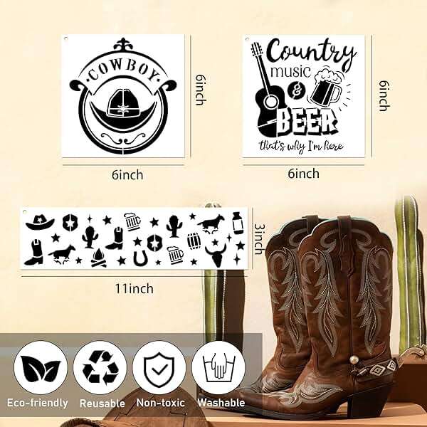 AFRITEE Western Cowboy Stencils for Painting - 20 Pieces Small Landscape Longhorn Skull Reusable Stencils for Painting on Wood, Country Music Beer Drawing Template DIY Home Wood Fence Rock Decoration - Image 3