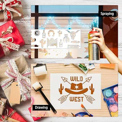 AFRITEE Western Cowboy Stencils for Painting - 20 Pieces Small Landscape Longhorn Skull Reusable Stencils for Painting on Wood, Country Music Beer Drawing Template DIY Home Wood Fence Rock Decoration - Image 7