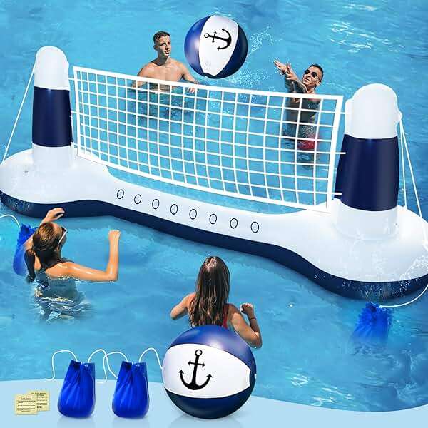 Large Inflatable Pool Games Volleyball Net Pool Float Set with 9" Anchor Ball, 2 Weight Bags & Yacht Design – Floating Swimming Game Toy for Adults, Perfect for Summer Water Sport Pool Party - Image 1