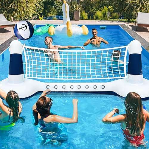 Large Inflatable Pool Games Volleyball Net Pool Float Set with 9" Anchor Ball, 2 Weight Bags & Yacht Design – Floating Swimming Game Toy for Adults, Perfect for Summer Water Sport Pool Party - Image 2