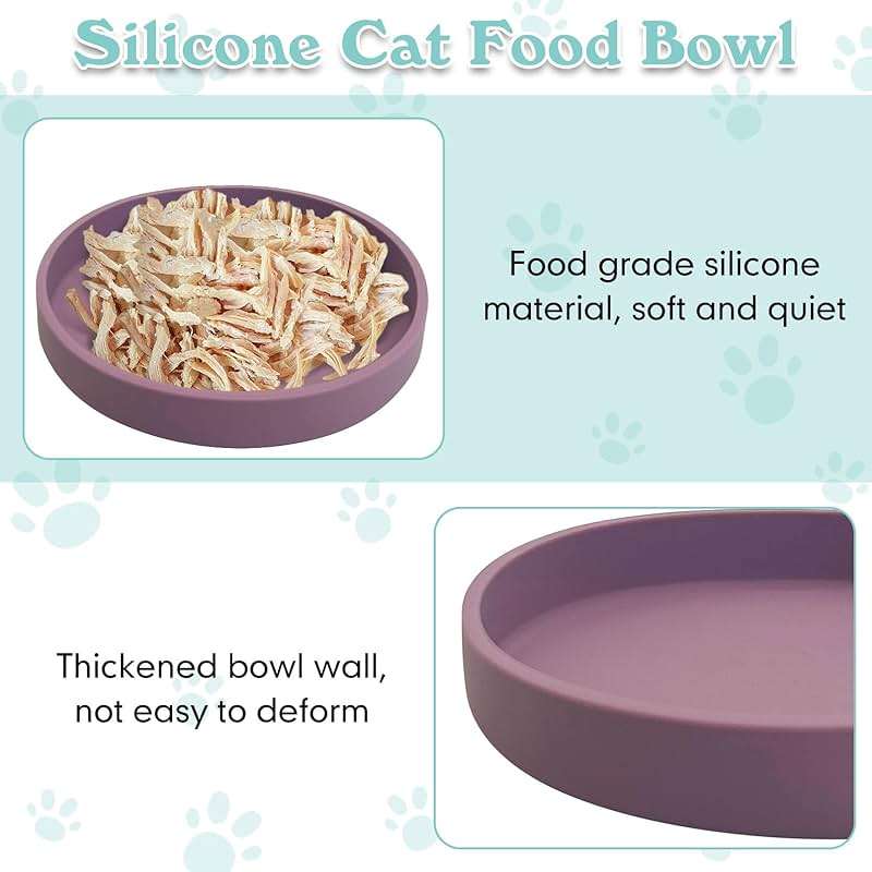 Apatal Silicone Cat Food Bowls Shallow Cat Dishes 5.9in Wide Pet Plates Set of 2 Small Flat Dog Saucer Bowl Cute Whisker Fatigue Kitten Feeding Dish for Dry & Wet Food (Round Purple) - Image 3