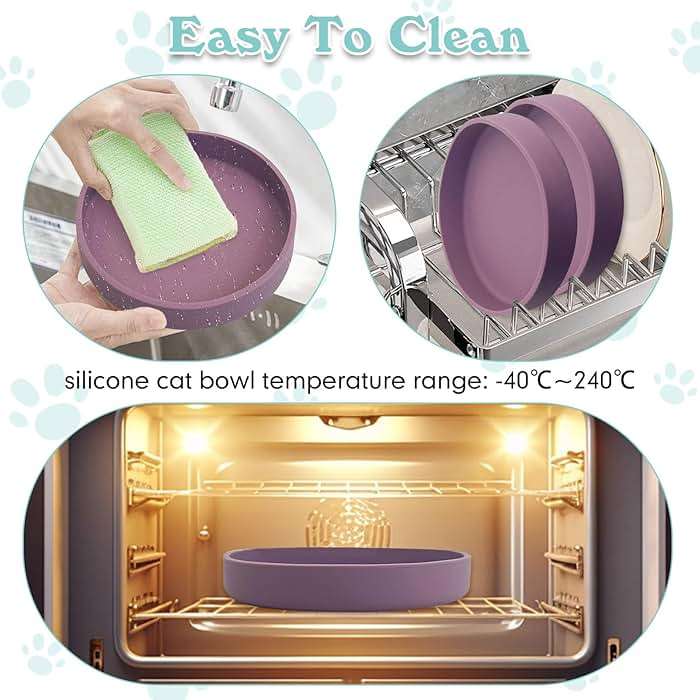 Apatal Silicone Cat Food Bowls Shallow Cat Dishes 5.9in Wide Pet Plates Set of 2 Small Flat Dog Saucer Bowl Cute Whisker Fatigue Kitten Feeding Dish for Dry & Wet Food (Round Purple) - Image 6