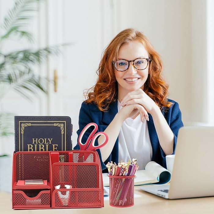 12 in 1 Red Desk Organizers and Accessories, Office Supplies Set Gifts for Coworkers, Office Supplies Include Stapler Pen Holder Tape Holder Staples Scissors Ruler Staple Remover for Home School - Image 2