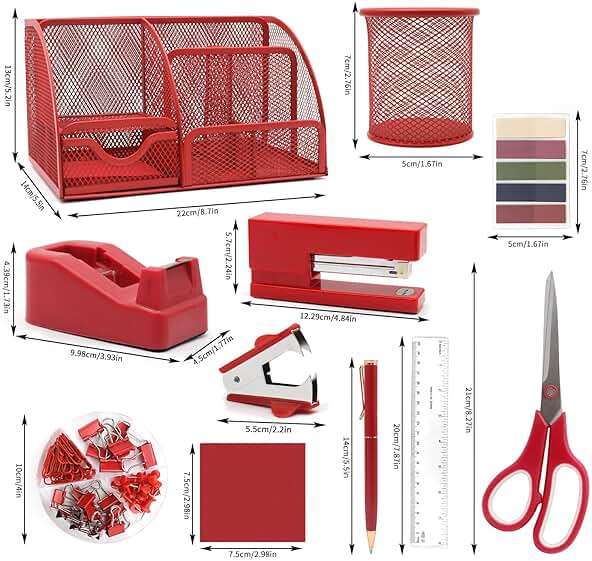12 in 1 Red Desk Organizers and Accessories, Office Supplies Set Gifts for Coworkers, Office Supplies Include Stapler Pen Holder Tape Holder Staples Scissors Ruler Staple Remover for Home School - Image 3