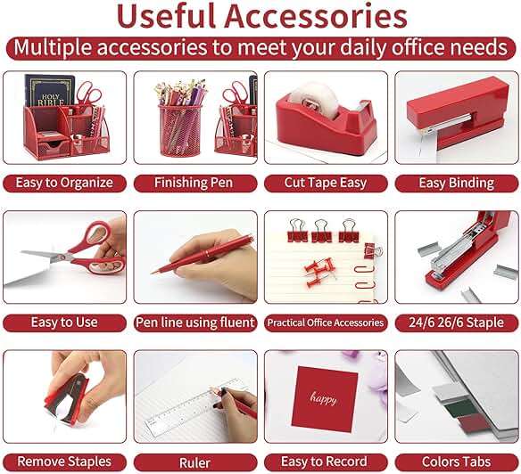 12 in 1 Red Desk Organizers and Accessories, Office Supplies Set Gifts for Coworkers, Office Supplies Include Stapler Pen Holder Tape Holder Staples Scissors Ruler Staple Remover for Home School - Image 5