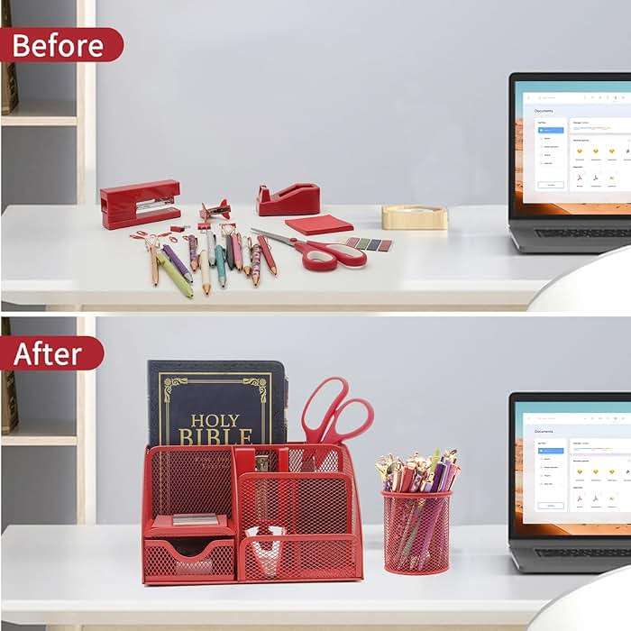 12 in 1 Red Desk Organizers and Accessories, Office Supplies Set Gifts for Coworkers, Office Supplies Include Stapler Pen Holder Tape Holder Staples Scissors Ruler Staple Remover for Home School - Image 6