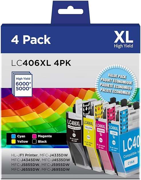 LC406XL Ink Cartridges Compatible for Brother LC406XL LC406 High Yield Work with Brother MFC-J4535DW MFC-J4335DW MFC-J5855DW MFC-J6555DW MFC-J6955DW Printer(Black, Cyan, Magenta, Yellow, 4Pack) - Image 1