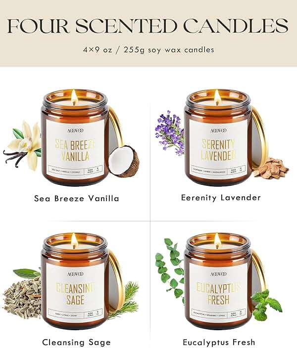 AOOVOO Scented Candles - 4PC Candle Set, 36 oz Soy Candles, Soy Candle for Home Scented, Lavender/Vanilla/Eucalyptus/Sage - Image 4