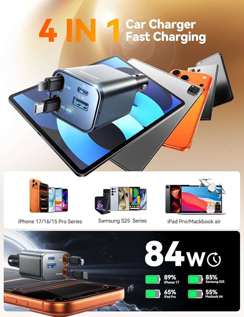 [2026 Ultra-Compact] JOYROOM Retractable Car Charger 84W Car Charger USB C for iPhone 16 17 Fast Charging, Car Accessories, Car Adapter Travel Essentials Gifts for Women Men, for iPhone 17 16 15 14 13 - Image 4