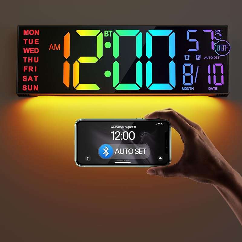 JALL 16.2" Large Digital Wall Clock with Bluetooth Sync, RGB Digital Clock Large Display with Auto DST, Wall Clock for Classroom Bedroom Gym Office, Led Clock for Seniors (Black) - Image 1