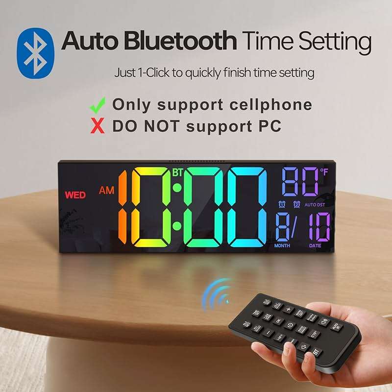 JALL 16.2" Large Digital Wall Clock with Bluetooth Sync, RGB Digital Clock Large Display with Auto DST, Wall Clock for Classroom Bedroom Gym Office, Led Clock for Seniors (Black) - Image 3