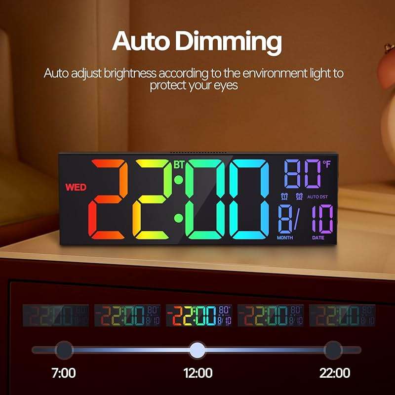 JALL 16.2" Large Digital Wall Clock with Bluetooth Sync, RGB Digital Clock Large Display with Auto DST, Wall Clock for Classroom Bedroom Gym Office, Led Clock for Seniors (Black) - Image 9