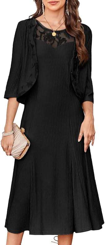 GRACE KARIN Mother of The Bride Dress - Wedding Guest Formal Evening Dress - Lace Sequins Midi Dress with Jacket - Image 1