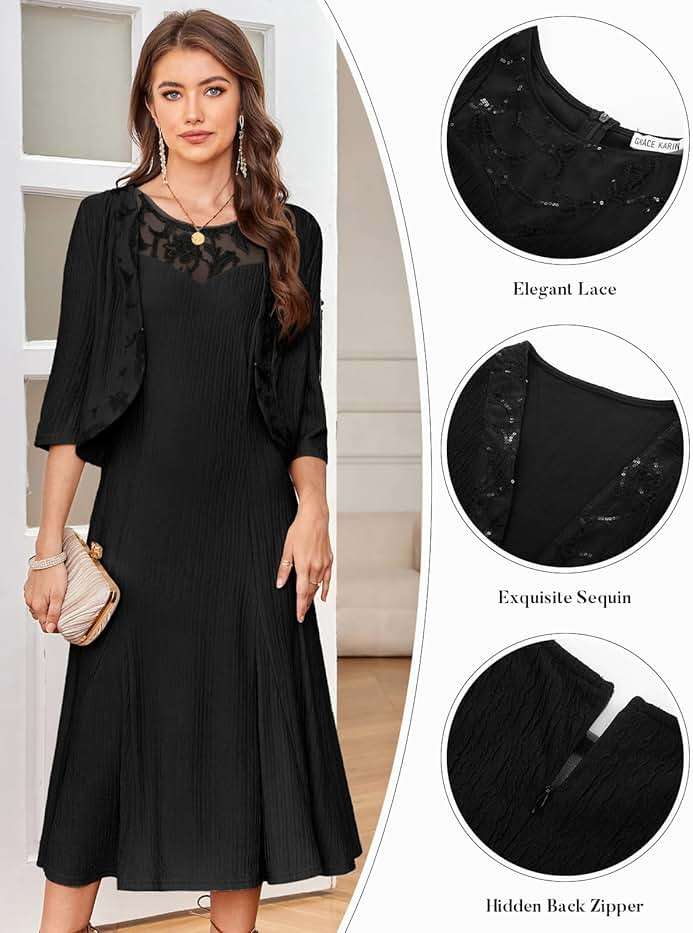 GRACE KARIN Mother of The Bride Dress - Wedding Guest Formal Evening Dress - Lace Sequins Midi Dress with Jacket - Image 3