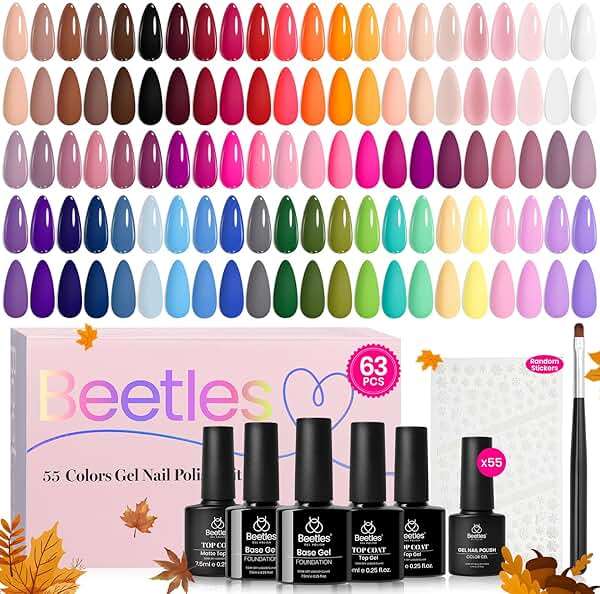 Beetles Summer Gel Nail Polish Set - Vibrarnt Holiday 55 Colors Neon Gel Polish Kit with 5 Pcs Base Glossy Matte Top Coat, Red Brown Pink Green Blue UV LED Soak Off Gel Gifts for Women - Image 1