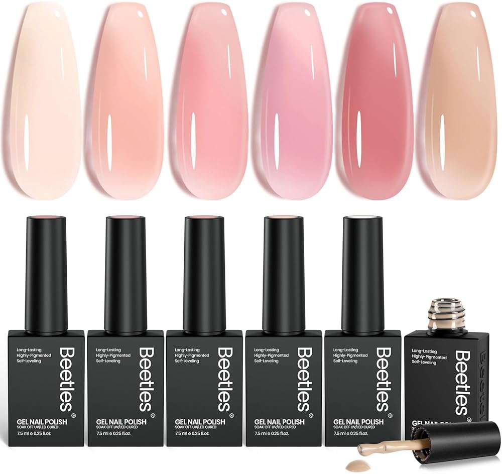 Beetles Nude Gel Nail Polish Set - 6 Colors Nude Pink Brown Neutral Jelly Gel Polish Kit Sheer Translucent Effect Soak Off UV Nail Art Design Drunken Rose Collection Manicure Gift for Women - Image 1