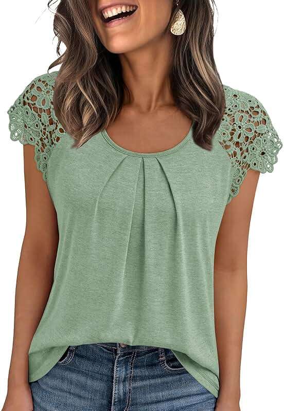 AUTOMET Womens Lace Tops Pleated Short Sleeve Shirts Summer Business Casual Dressy Blouses - Image 1