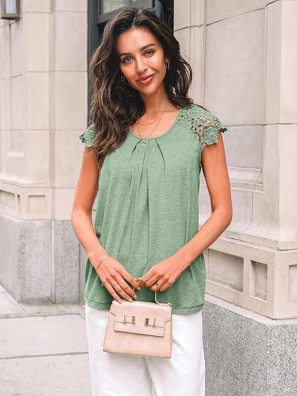 AUTOMET Womens Lace Tops Pleated Short Sleeve Shirts Summer Business Casual Dressy Blouses - Image 2