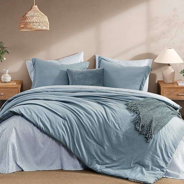 Monbix Queen Comforter Set - 7 Pieces Dusty Blue Prewashed Bed in a Bag Queen Bedding Sets with Comforters, All Seasons Ultra Soft Comforter Bed Set with Sheets,Pillowcases & Shams - Image 2