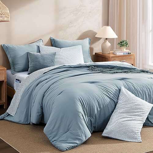 Monbix Queen Comforter Set - 7 Pieces Dusty Blue Prewashed Bed in a Bag Queen Bedding Sets with Comforters, All Seasons Ultra Soft Comforter Bed Set with Sheets,Pillowcases & Shams - Image 3
