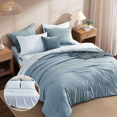 Monbix Queen Comforter Set - 7 Pieces Dusty Blue Prewashed Bed in a Bag Queen Bedding Sets with Comforters, All Seasons Ultra Soft Comforter Bed Set with Sheets,Pillowcases & Shams - Image 4