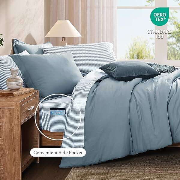 Monbix Queen Comforter Set - 7 Pieces Dusty Blue Prewashed Bed in a Bag Queen Bedding Sets with Comforters, All Seasons Ultra Soft Comforter Bed Set with Sheets,Pillowcases & Shams - Image 5