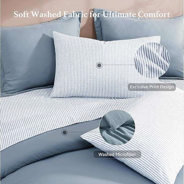 Monbix Queen Comforter Set - 7 Pieces Dusty Blue Prewashed Bed in a Bag Queen Bedding Sets with Comforters, All Seasons Ultra Soft Comforter Bed Set with Sheets,Pillowcases & Shams - Image 6