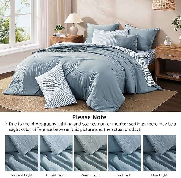 Monbix Queen Comforter Set - 7 Pieces Dusty Blue Prewashed Bed in a Bag Queen Bedding Sets with Comforters, All Seasons Ultra Soft Comforter Bed Set with Sheets,Pillowcases & Shams - Image 8