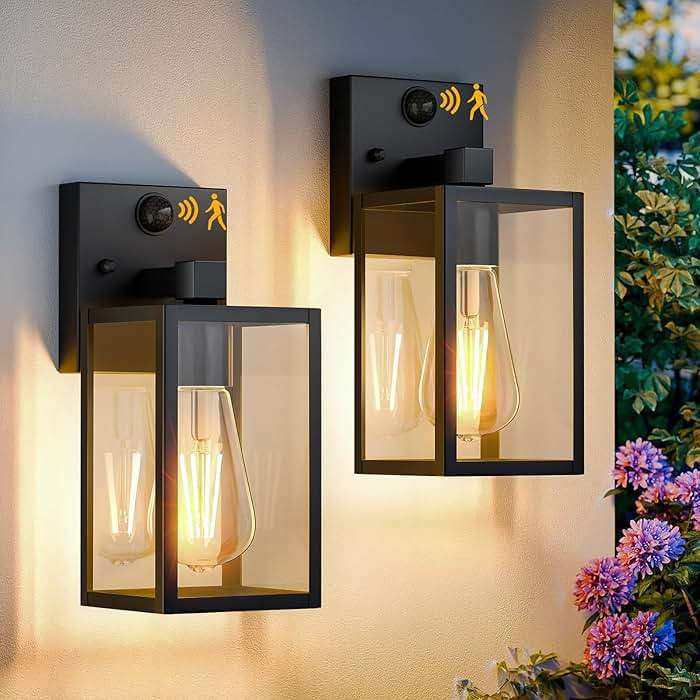 2 Pack Motion Sensor Outdoor Light Fixtures Wall Mount, H 10.24'' Small Front Porch Lights for House, Exterior Wall Sconce, Black Waterproof Lantern Lamp,Outside Coach Light for Garage Entryway Yard - Image 1