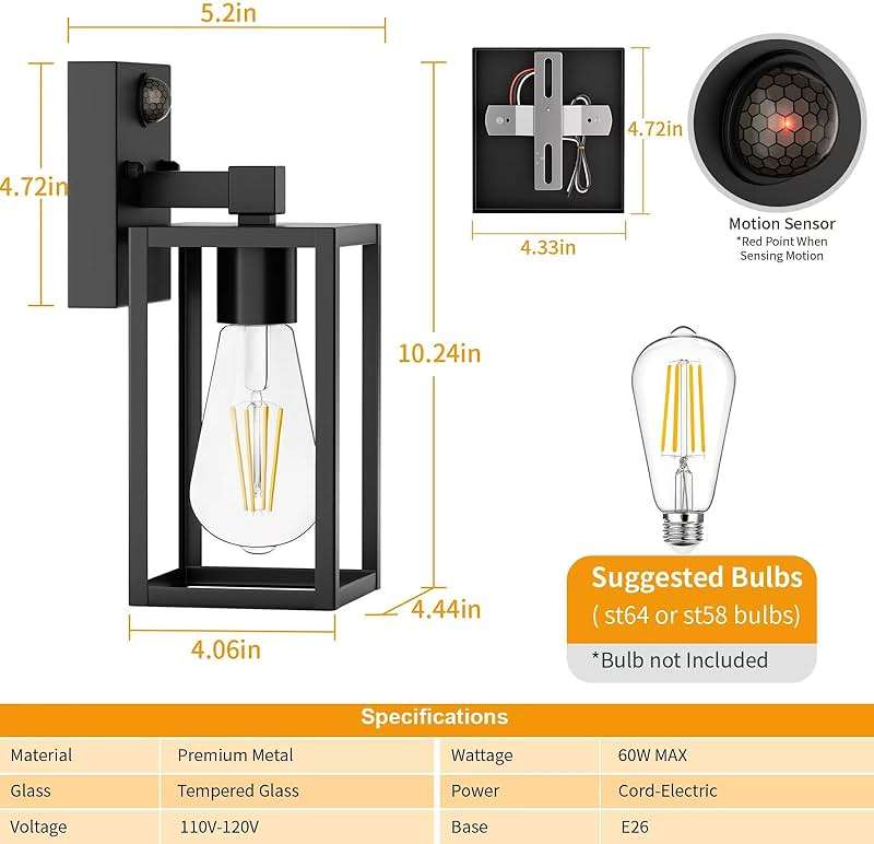 2 Pack Motion Sensor Outdoor Light Fixtures Wall Mount, H 10.24'' Small Front Porch Lights for House, Exterior Wall Sconce, Black Waterproof Lantern Lamp,Outside Coach Light for Garage Entryway Yard - Image 6