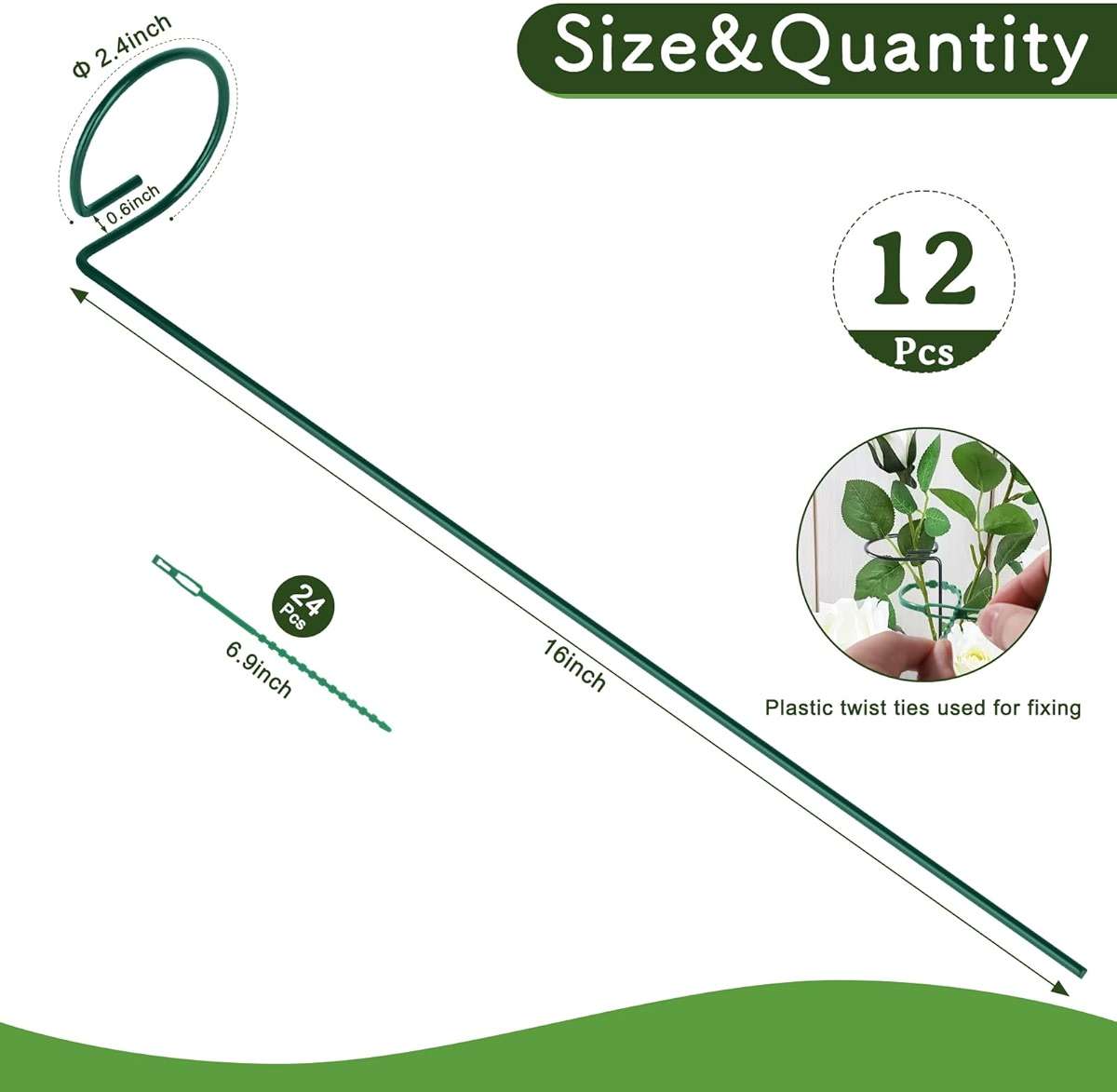 FEED GARDEN 16 Inch 12 Pack Plant Support Stakes, Metal Garden Flower Stakes and Supports for Outdoor Plants, Plant Stem Support with 24 Twist Ties for Amaryllis Lily Rose Peony Tomatoes Gladiolus - Image 2
