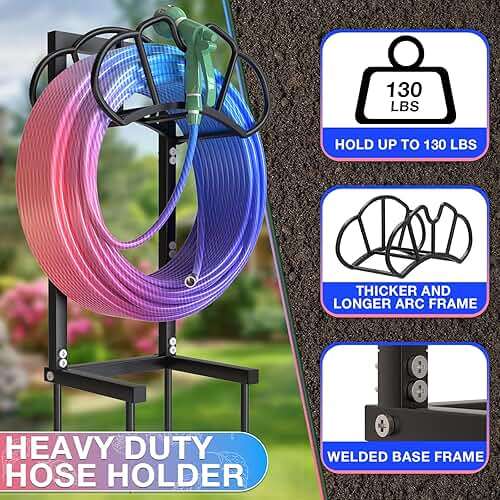 Qatsrin New Garden Hose Holder, Super Stable Water Hose Holders Stand Holds 160-Feet Hose, Rustproof Freestanding Hose Storage Hanger Rack for Outside Yard Lawn Farm, Black - Image 3