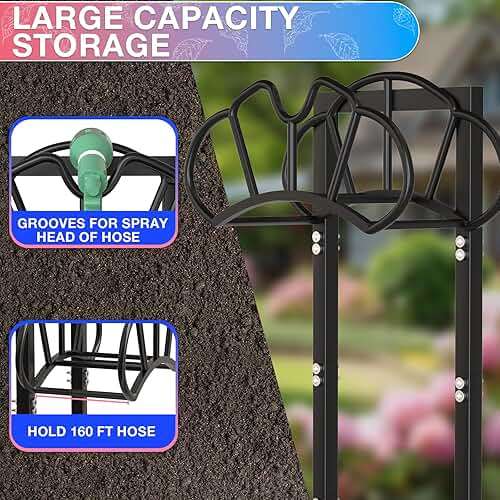 Qatsrin New Garden Hose Holder, Super Stable Water Hose Holders Stand Holds 160-Feet Hose, Rustproof Freestanding Hose Storage Hanger Rack for Outside Yard Lawn Farm, Black - Image 4