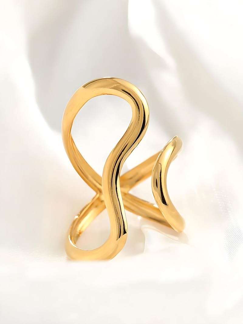 AIETUE Chunky Rings For Women, Gold Silver Thumb Ring Asymmetrical Wavy Curve Ring Adjustable Non Tarnish Dainty Stainless Steel New Year Anniversary Birthday Jewelry Gift - Image 4