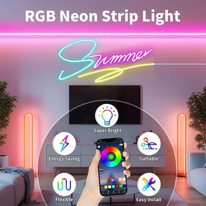 iNextStation RGB Neon LED Strip Lights, 16.4FT 12V Flexible Rope Lights Color Changing Multiple Modes Control with APP & Remote,IP65 Waterproof Neon Lights for Bedroom Decor - Image 3