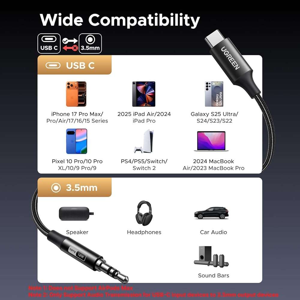 UGREEN USB C to Aux Type C to 3.5mm Audio Adapter Hi-Res 32bit/384KHz Stereo Cord Headphone Male Car Auxiliary Cable Compatible with iPhone 17 16 15 Pro Max, Galaxy S25 S24 Ultra iPad Pixel 10, 3.3FT - Image 2