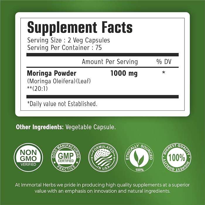 Immortal Herbs Moringa Capsules 1000mg, 20:1 Pure Moringa Leaf Powder Extract, 150 Vegan Pills, 2.5 Month Supply, Non-GMO & Gluten Free Oleifera Green Superfood Supplement - Image 2