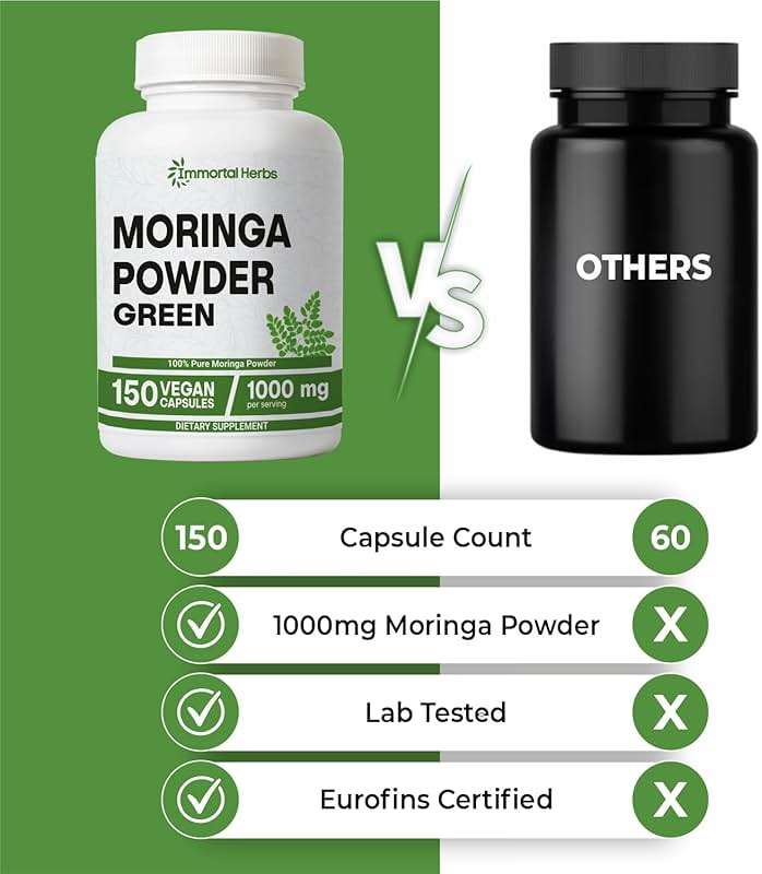 Immortal Herbs Moringa Capsules 1000mg, 20:1 Pure Moringa Leaf Powder Extract, 150 Vegan Pills, 2.5 Month Supply, Non-GMO & Gluten Free Oleifera Green Superfood Supplement - Image 5