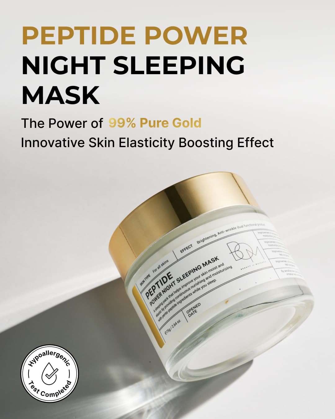 BOM COSMETICS Peptide Power Night Sleeping Mask 2.64 Fl Oz, High-Density Hydrating Overnight Facial Mask with Penta-Peptides and 99% Pure Gold for Skin Elasticity, Smooth Skin Texture, Korean Skincare - Image 2