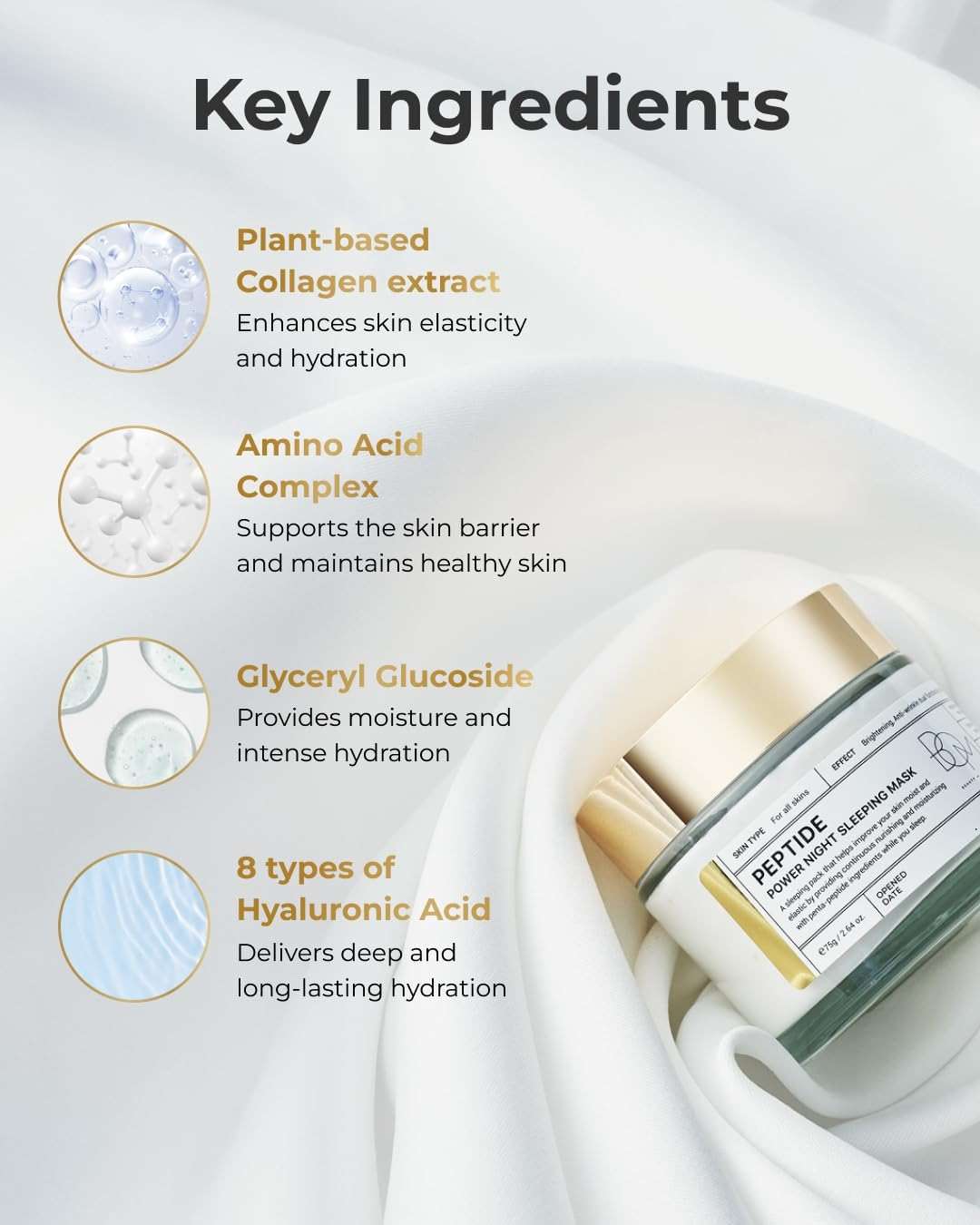 BOM COSMETICS Peptide Power Night Sleeping Mask 2.64 Fl Oz, High-Density Hydrating Overnight Facial Mask with Penta-Peptides and 99% Pure Gold for Skin Elasticity, Smooth Skin Texture, Korean Skincare - Image 4