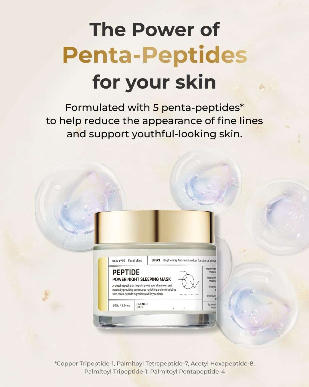 BOM COSMETICS Peptide Power Night Sleeping Mask 2.64 Fl Oz, High-Density Hydrating Overnight Facial Mask with Penta-Peptides and 99% Pure Gold for Skin Elasticity, Smooth Skin Texture, Korean Skincare - Image 6