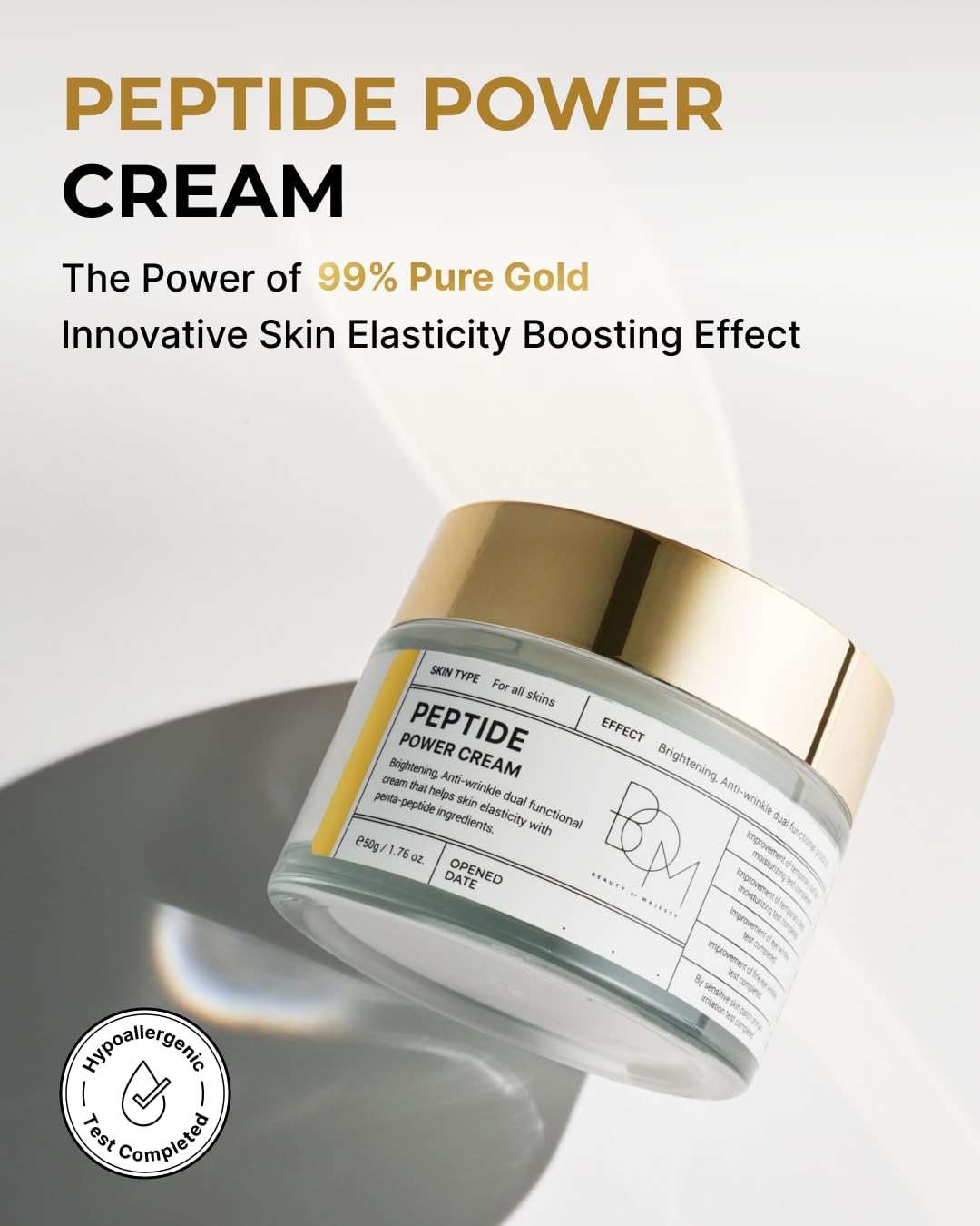 BOM COSMETICS Peptide Power Cream 1.76 Fl Oz, Daily Moisturizing Cream with Peptide and 99% Pure Gold for Hydration, Collagen Support to improve Skin Texture, Skin Barrier Care, Korean Skincare - Image 2