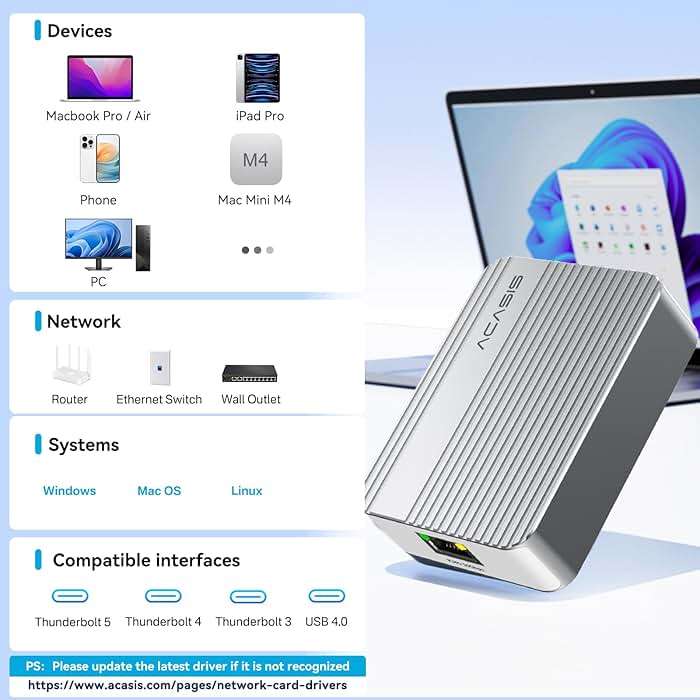 ACASIS USB4 to10gb ethernet Adapter High-Speed USB C to Ethernet Adapter OnlyCompatibleThunderbolt3/4/5/USB4 Aluminum Housing10gb ethernet Adapter Supports10/5/2.5/1Gbps/100Mb/s for Mac/Windows/Linux - Image 9