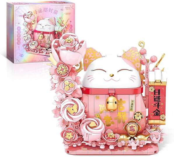 Lucky Cat Building Block Set, Compatible with Lego Cat, 868Pcs Cute Fortune Cat with Flowers Building Blocks, Christmas Birthday Creative Gift for Girls Boys Adult (Pink Cat) - Image 1