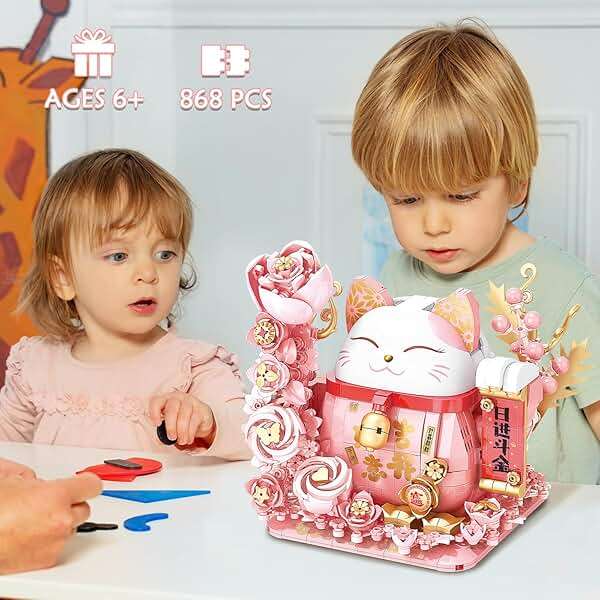 Lucky Cat Building Block Set, Compatible with Lego Cat, 868Pcs Cute Fortune Cat with Flowers Building Blocks, Christmas Birthday Creative Gift for Girls Boys Adult (Pink Cat) - Image 2