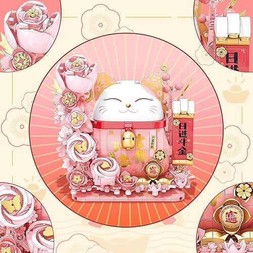 Lucky Cat Building Block Set, Compatible with Lego Cat, 868Pcs Cute Fortune Cat with Flowers Building Blocks, Christmas Birthday Creative Gift for Girls Boys Adult (Pink Cat) - Image 4