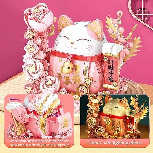 Lucky Cat Building Block Set, Compatible with Lego Cat, 868Pcs Cute Fortune Cat with Flowers Building Blocks, Christmas Birthday Creative Gift for Girls Boys Adult (Pink Cat) - Image 5
