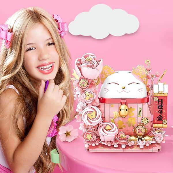Lucky Cat Building Block Set, Compatible with Lego Cat, 868Pcs Cute Fortune Cat with Flowers Building Blocks, Christmas Birthday Creative Gift for Girls Boys Adult (Pink Cat) - Image 7