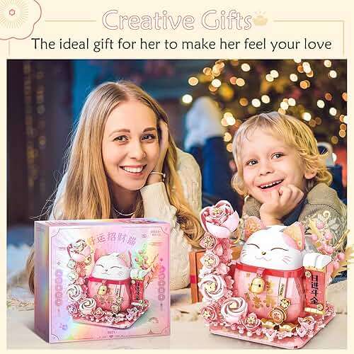 Lucky Cat Building Block Set, Compatible with Lego Cat, 868Pcs Cute Fortune Cat with Flowers Building Blocks, Christmas Birthday Creative Gift for Girls Boys Adult (Pink Cat) - Image 8